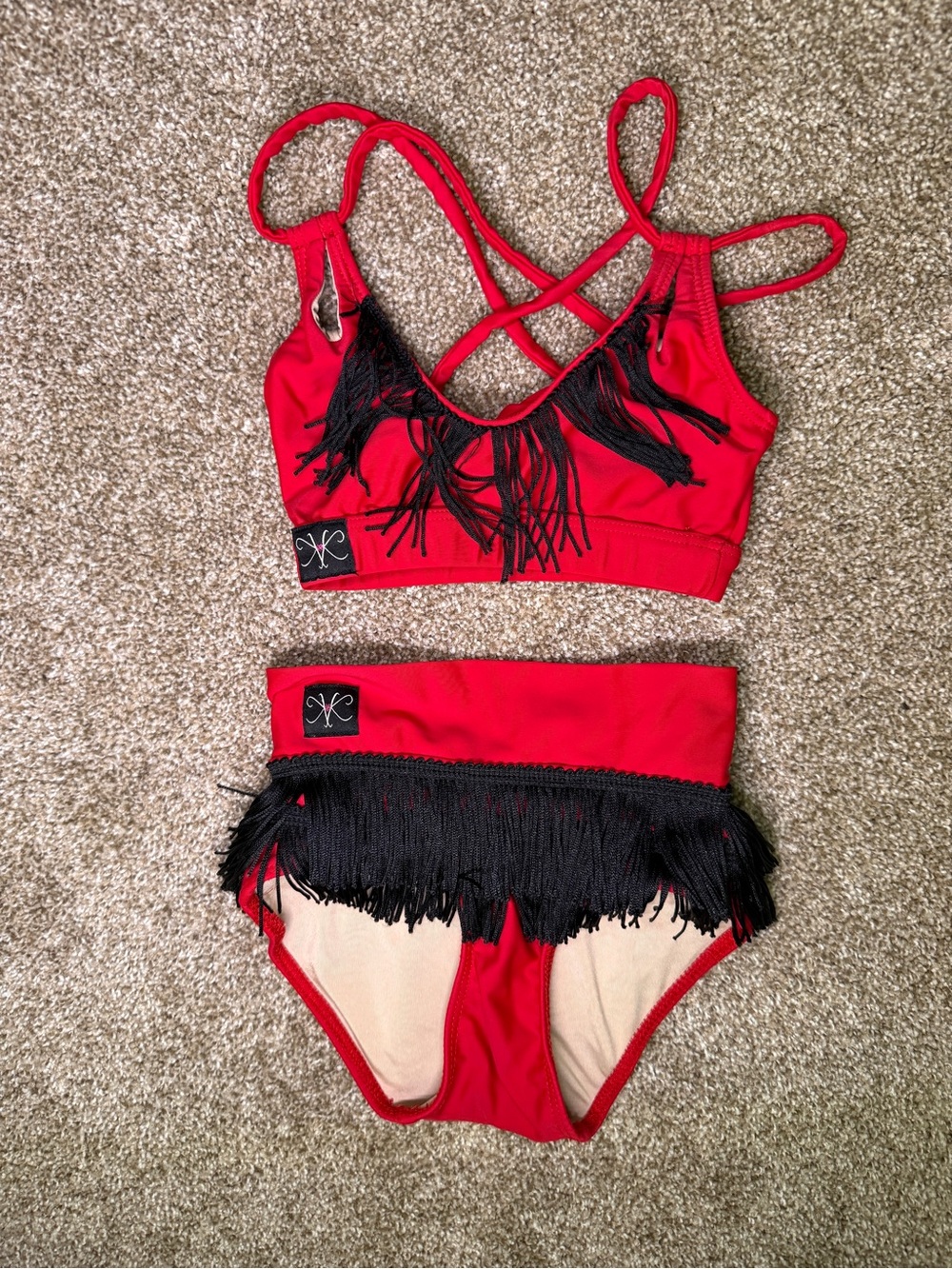 CS- Red with Blk Fringe Dance Two-Piece Set with Crisscross Straps